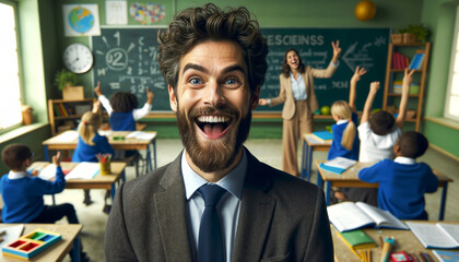 happy smiling director over classroom background. professions, education, people concept