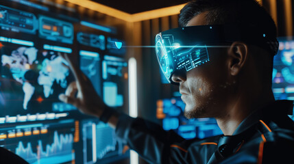 Poster - data scientist or software engineer working with virtual AI technology, man using VR technology 
