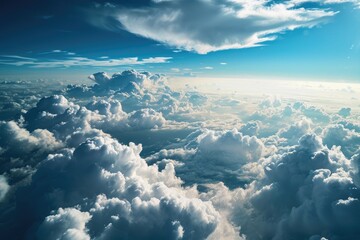 Canvas Print - Blue sky with clouds from above, Blue sky with clouds from above,White clouds on blue sky background close up, cumulus clouds high in azure skies, AI generated