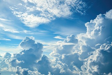 Wall Mural - Blue sky with clouds from above, Blue sky with clouds from above,White clouds on blue sky background close up, cumulus clouds high in azure skies, AI generated