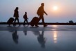 Silhouettes of people walking with luggage at an airport terminal, with the sun shining through the windows
