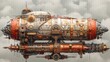 Vintage steampunk airship soaring above the clouds in a detailed illustration