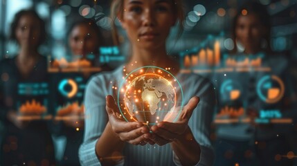 Fototapete - Close-up of a business woman hand holding a glowing globe, symbolizing global business strategies and sustainability, with charts and graphs projected. Generative AI.