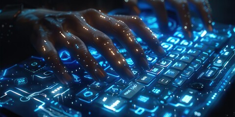 Poster - Close up man hands typing on blue keyboard with many white color economical graphics, indicators, figures and numbers on black background in sci-fi style. Generative AI.