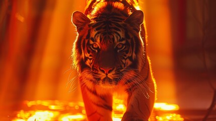 Stunning silhouette of a tiger against a vibrant orange backdrop, capturing the essence of wildlife and natural beauty