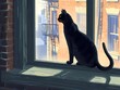 Sleek Black Cat Surveys Its Domain from a Windowsill in D Style