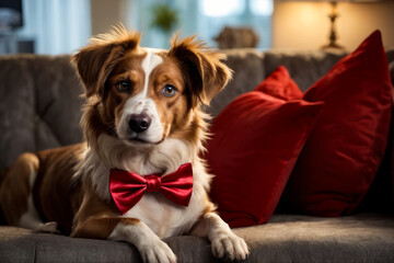 Wall Mural - Brown and white dog sitting on couch with red bow tie around its neck.