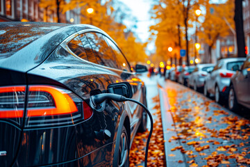 Canvas Print - Black electric car is parked on street with bunch of fallen leaves all over the place.