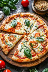 Sticker - Pizza with cheese tomatoes and basil leaves as toppings is cut into slices.