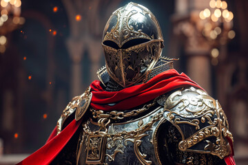 Knight in full gear with red cape on his shoulders.