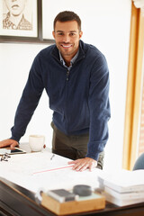 Poster - Man, portrait and architect with plan for project in office, documents and drawing on blueprint. Happy male person, drafting and engineer for building idea on paper, solution and job for design