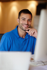 Aufkleber - Businessman, desk and smile in portrait with computer in office with confidence for graphic designer. Male person, table and happy with computer for technology with creative, internet and web design