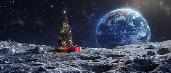 Moon surface with Christmas tree and huge gifts. Blue planet Earth visible in the distance. Christmas. Abstraction