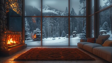 Poster - Cozy room with fireplace next to big window, Looking outside at the winter forest. Generative AI.