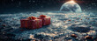 Gifts wrapped in Christmas paper on the surface of the moon. In the background, the blue planet Earth and the black sky. Christmas.