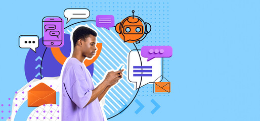 Poster - African man using smartphone and chat bot sketch with speech bubbles icons