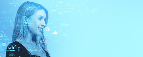 Poster - Happy businesswoman portrait and big business data analysis. Copy space