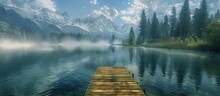The Calm Lake And Wooden Pier Are Surrounded By Snowy Mountains And Pine Forests.