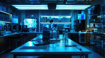 Aufkleber - Make a laptop repair laboratory, with tables in the background, LED screens, holograms. Generative AI.
