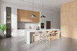 Stylish home kitchen interior with bar counter and shelves with kitchenware