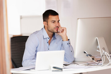 Aufkleber - Businessman, thinking and computer at desk in home office for start up company, freelance and software designer. Online, communication and brainstorming in house for plan, project and web development