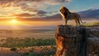 Majestic tiger lion stands proudly on a cliff against a vivid sunset, symbolizing leadership and distinct identity in the wild, lush savanna background