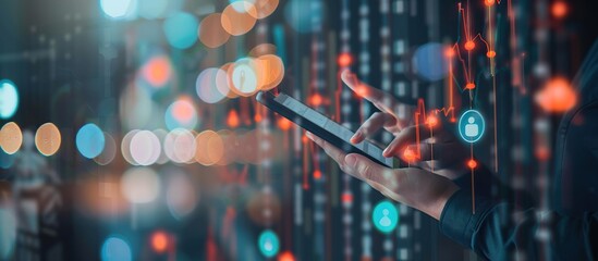 Poster - Close up Businessman using smart phone analyzing data economic growth graph chart. Business strategy background.