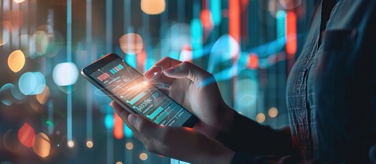 Poster - Closeup Businessman using smartphone abstract strategy chart graph growth economic data sales analyzing.