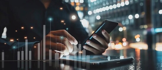 Poster - Businessman using mobile smartphone and icon data with growth graph analysis of business.