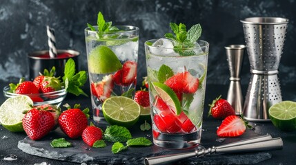 Wall Mural - Fresh Mojito cocktail set with lime, mint, strawberry and ice in glass on stone background. Summer cold alcoholic non-alcoholic drinks, beverages. Steel bar tools.