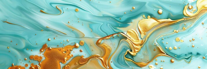 Poster - Luxury gold turquoise with gold liquid background , fluid splash, swirl on white. Close up glossy texture. Mix color liquid splashes