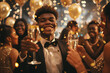 black man dressed in formal attire with champagne smiling for the camera against bokeh lights and glittering decorations. celebrated at an elegant party,new year,  birthday or prom night.