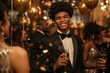 black man dressed in formal attire with champagne smiling for the camera against bokeh lights and glittering decorations. celebrated at an elegant party,new year,  birthday or prom night.