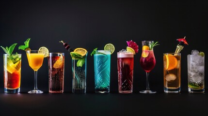 Wall Mural - Set of various colorful cocktails on black background. Classic long drink cocktails menu concept. 