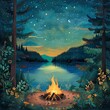 Lakeside campfire in a retro wilderness park, stories and marshmallows, starry night
