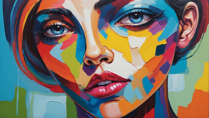 Wall Mural - Oil painting portraying an abstract face in vivid tones.