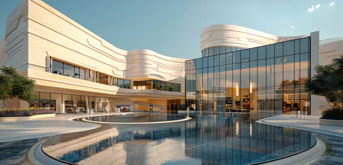 Shopping mall, contemporary architecture, beige stone and glass facade, facing beige stone plaza with mirror pond, gently curved corner. Generative AI.