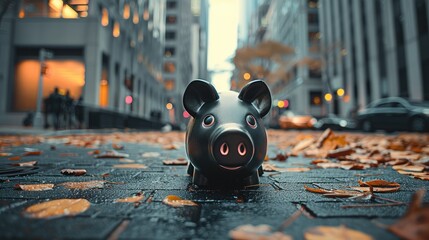 Aufkleber - Piggy bank on the empty street with modern building behind it. Generative AI.