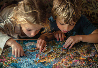 Kids finishing puzzle