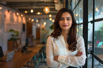 Successful young businesswoman standing in a modern business building - pretty smiling confident woman with long hair. Beautiful simple AI generated image in 4K, unique.