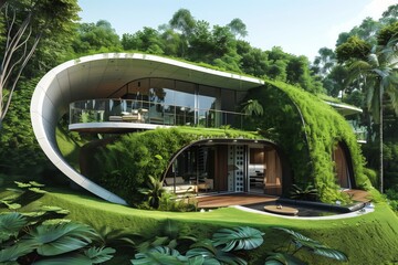 Environmentally friendly house showcasing eco innovations and green design