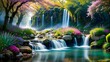 © iSky Media - A vibrant and serene landscape featuring multiple waterfalls cascading into a tranquil river, surrounded by lush greenery and colorful blossoms.