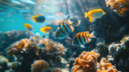 coral reef with fish, tropical sea underwater fishes on coral reef. aquarium, oceanarium colorful marine panorama landscape, nature snorkel diving