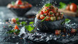 black stone dish, hyperrealistic food photography