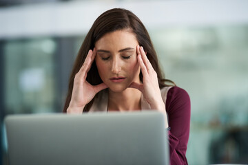 Canvas Print - Woman, office and tired with laptop for research at company with deadline or overtime for career growth. Female person, employee and stress or exhausted in desk with pc at work as hr manager