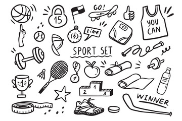 Wall Mural - Sport elements doodle. Funny hand drawn Cute cartoon black and white collection.