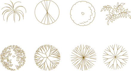 Vector sketch illustration of the design of trees and plants with branches seen from above to complete the architectural layout and site plan drawings