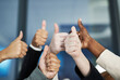 © peopleimages.com - Business people, diversity and hands with thumbs up for agreement, unity or well done at office. Closeup of diverse group or team with like emoji, yes sign or ok for thank you, meeting or good job