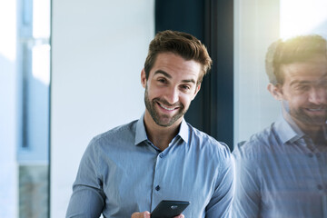 Poster - Portrait, window and business with man, smartphone and typing with social media and notification for email app. Face, person and employee with cellphone and mobile user with smile and website info