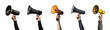 Collection of hand holding a megaphone png isolated on a transparent background, warning, news, loud, advertisement concept